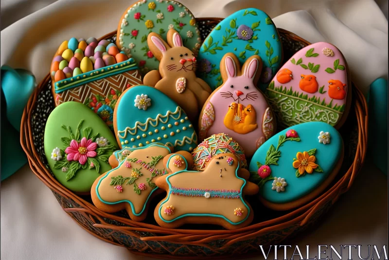 Artistic Easter Cookies in a Festive Basket Setup AI Image
