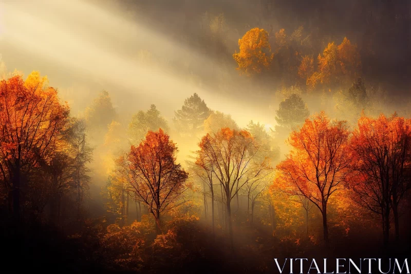 Ethereal Autumn Forest in Golden Sunrise Light AI Image