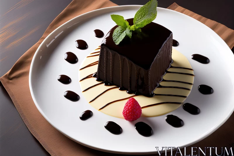 Exquisite Dessert: Chocolate Cake with Mint Leaf and Icing AI Image
