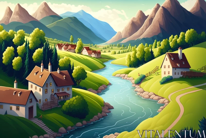 Idyllic Cartoon Landscape with River and Houses AI Image