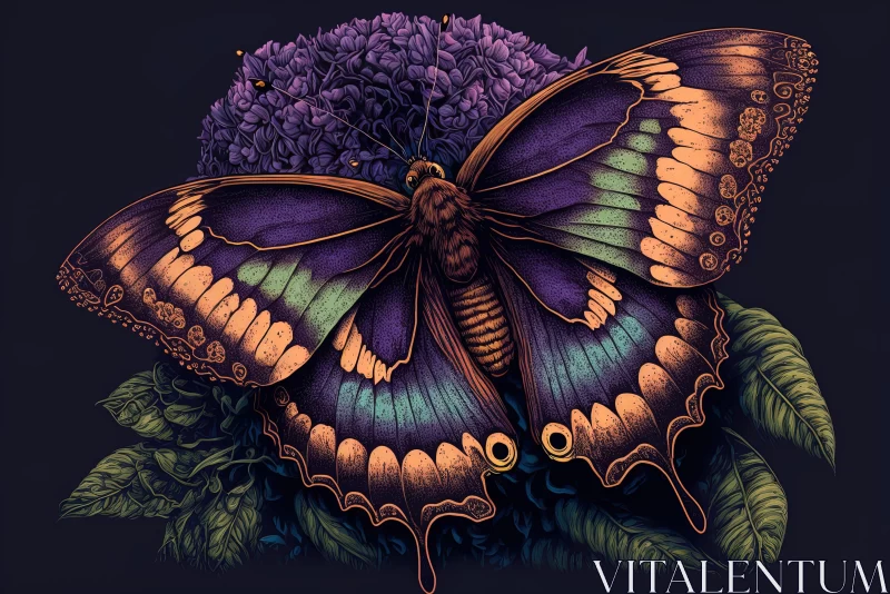 Intricate Butterfly on Dark Purple Flowers Illustration AI Image