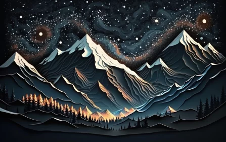 Paper Cut Artwork of Mountain Range under Starry Night