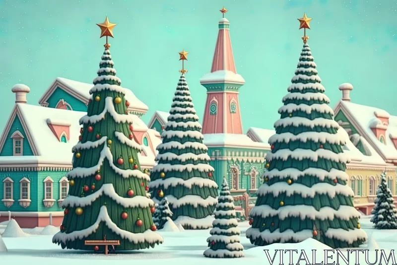 Winter Village Christmas Scene in Cartoon Realism AI Image