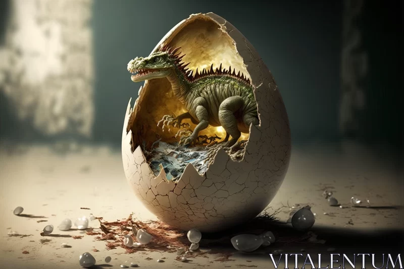 Golden Dinosaur Emerges from Egg in Fantastical Artwork AI Image