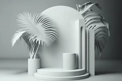 Monochrome 3D Stage Design with Intricate Foliage AI Image