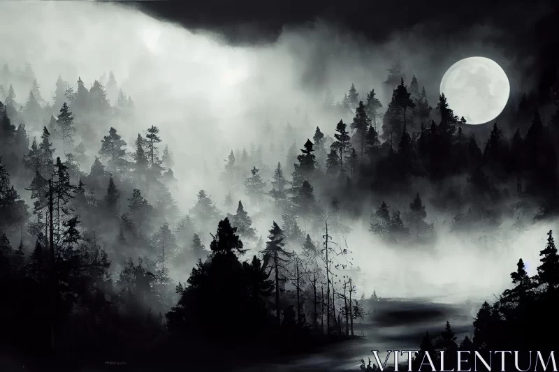 Mysterious Monochrome Moonlit Forest - Artistic Representation AI Image