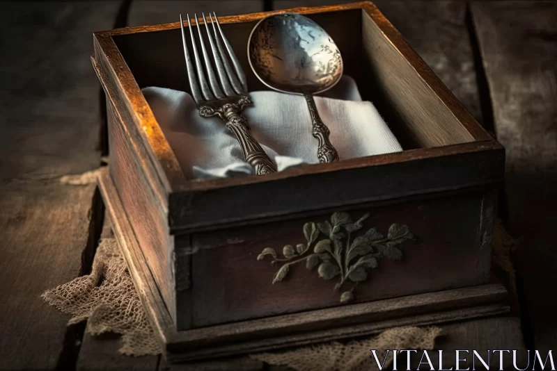 Vintage Silverware in a Wooden Box: A Still Life Masterpiece AI Image