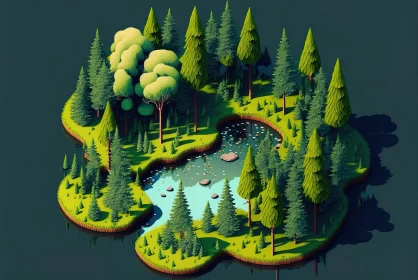 Isometric Illustration of Nature's Wonders: Pond and Pine Trees