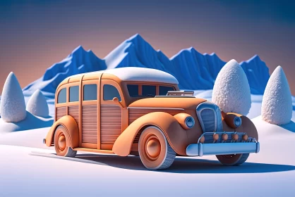 Antique Car in Cartoonish Winter Scenery - 3D Art