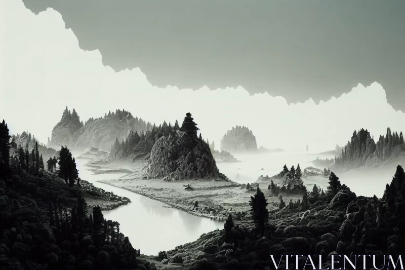 Atmospheric Black and White Mountain Landscape Art AI Image