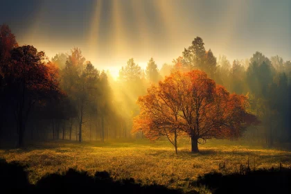 Autumn Sunlight Over Field and Trees - A Fantasy Landscape AI Image