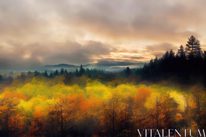 Autumnal Forest Scene with Ethereal Cloudscapes and Golden Light AI Image
