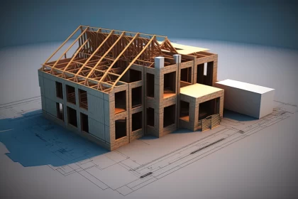 3D Rendered Blueprint of Timber Frame House Construction