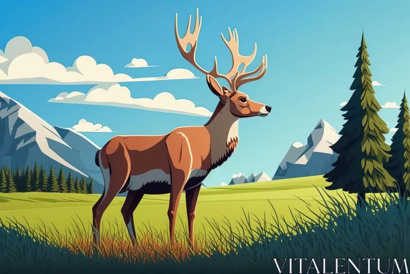 Animated Deer in the Mountain Landscape - Bold Illustration AI Image