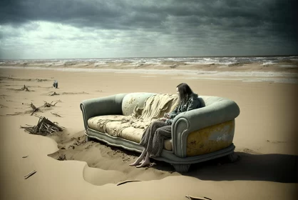 Surreal Beach Scene with Old Couch: A Dreamy Landscape AI Image