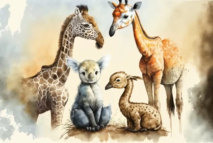 Watercolor Painting of Giraffe, Lion, Bird and Child with Australian Motifs