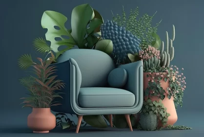 3D Rendered Azure Armchair with Lush Green Plants AI Image