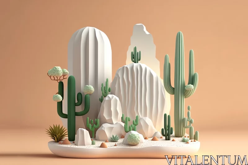3D Rendered Desert Scene with Cacti and Rocks AI Image