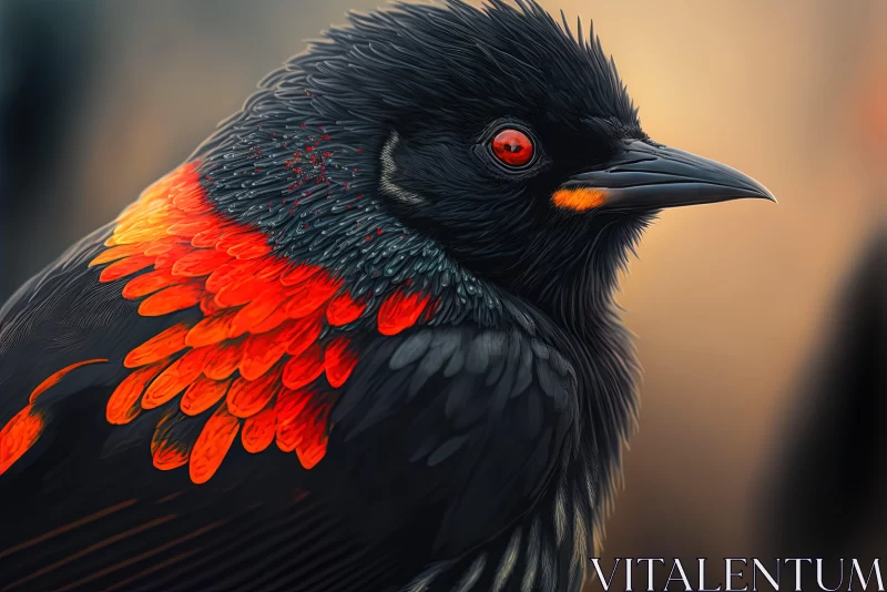 Artistic Portrait of a Black Bird with Fire Red Feathers AI Image