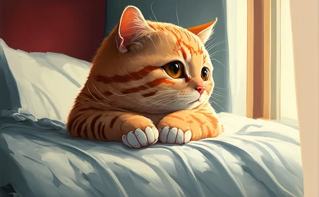 Blond Striped Cat in Light Red and Amber - Realistic Character Illustration