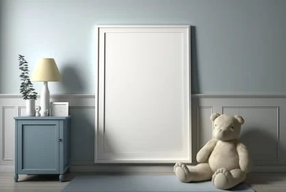 Minimalistic Bedroom with Teddy Bear and Empty Frame