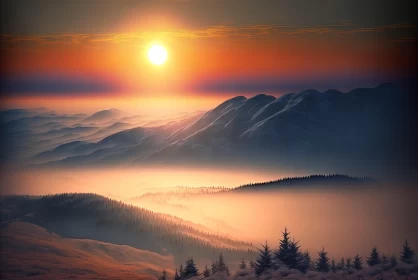 Romantic Sunrise over Foggy Mountain Landscape