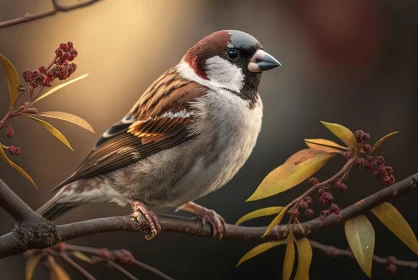 Small Bird on a Branch with Berries - Colorful Nature Portraiture