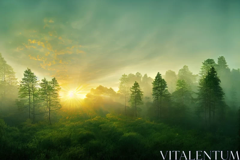 Sunset Over Foggy Forest - A Pastoral Charm Panorama AI Image