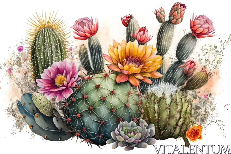 Watercolor Illustration of Cactus Flowers in Panoramic Scale AI Image