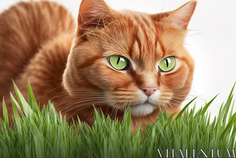 Charming Orange Tabby Cat in Grass Field Illustration AI Image