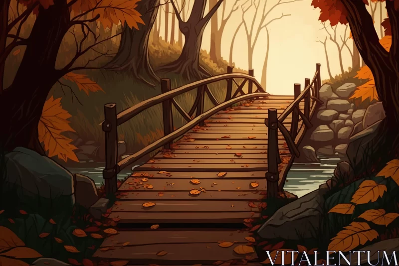 Enchanting Autumn Forest with Wooden Bridge Illustration AI Image