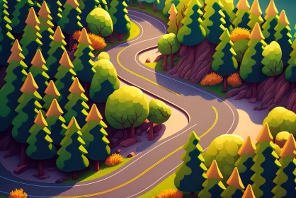 Stunning 4D Concept Illustration of a Winding Road through a Pine Forest
