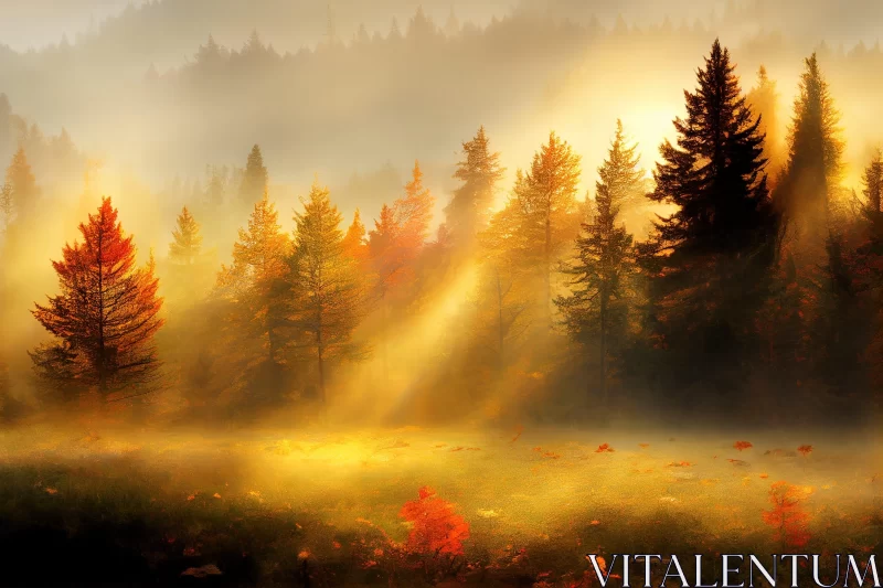 Sunlit Forest: An Ethereal Scene in Gold and Amber Tones AI Image