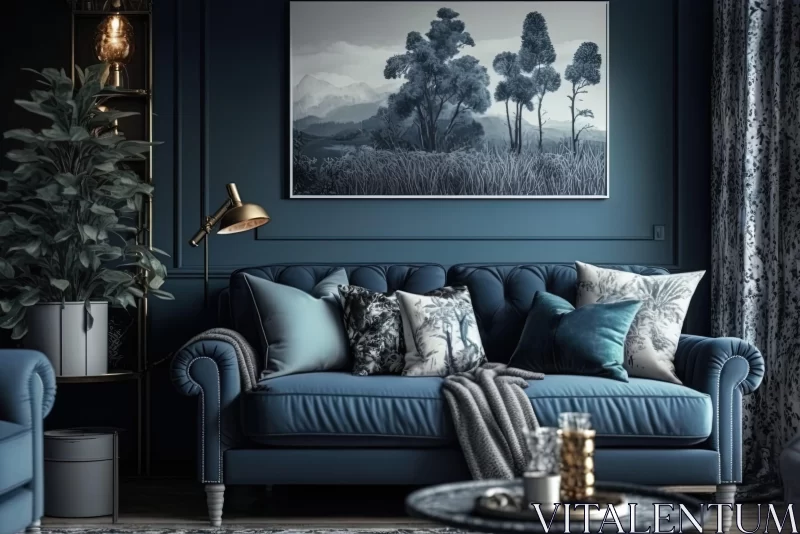Blue Living Room Interior: Neoclassical Elegance & Cottagecore Charm AI Image