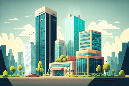Cityscape Illustration in Cartoon Style - Metropolis Meets Nature
