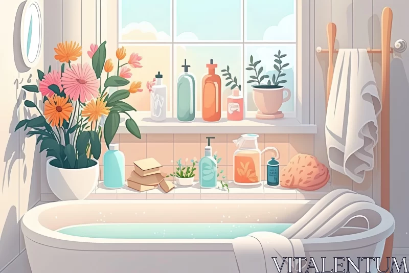 Pastel Toned Bathroom Scene with Detailed Flora and Fauna Illustrations AI Image