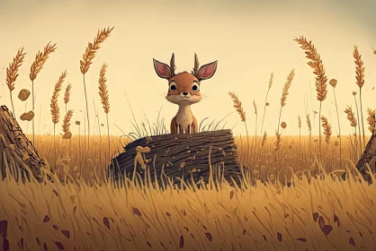 Dreamy Realism: Cartoon Deer in a Wheat Field