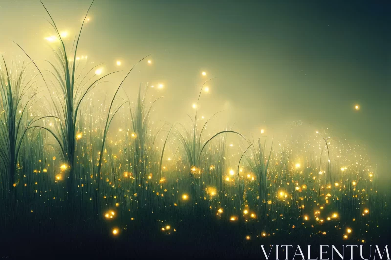 Enchanting Nightfall: Whimsical Firefly Illuminated Grass Field AI Image