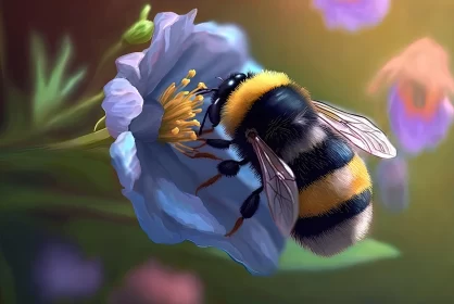 Intricate Bee on Blue Flower Illustration