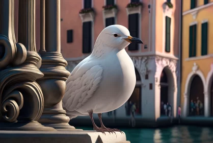 White Bird Perched on Pole in Urban Scene with Venetian Rococo Influence