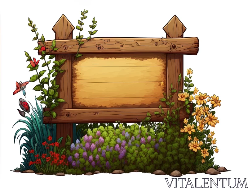 Architectural Illustration of a Wooden Sign in a Flower Garden AI Image