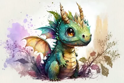 Colorful Baby Dragon in a Field - Digital Art