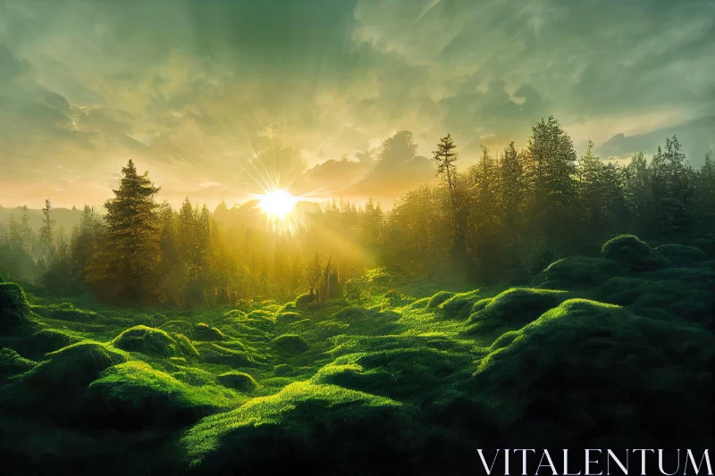 Sunset in a Mossy Forest - Serene Pastoral Landscape AI Image