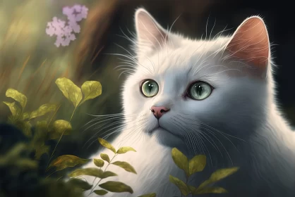White Cat Amidst Flowers and Woodland - Detailed Illustration