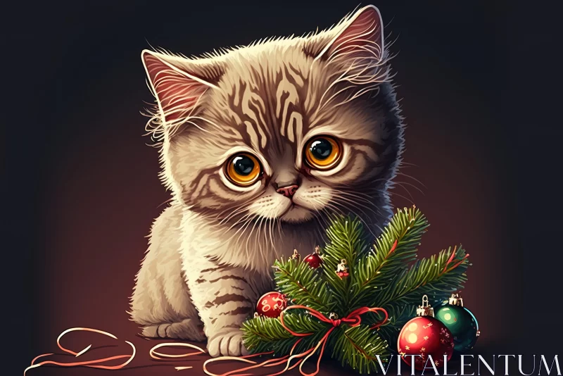 Adorable Christmas Kitten Amidst Gleaming Ornaments in 2D Game Art AI Image