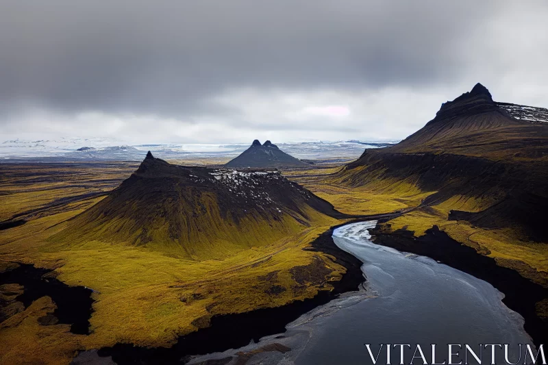Icelandic River Landscape: A Study in Gray and Amber AI Image