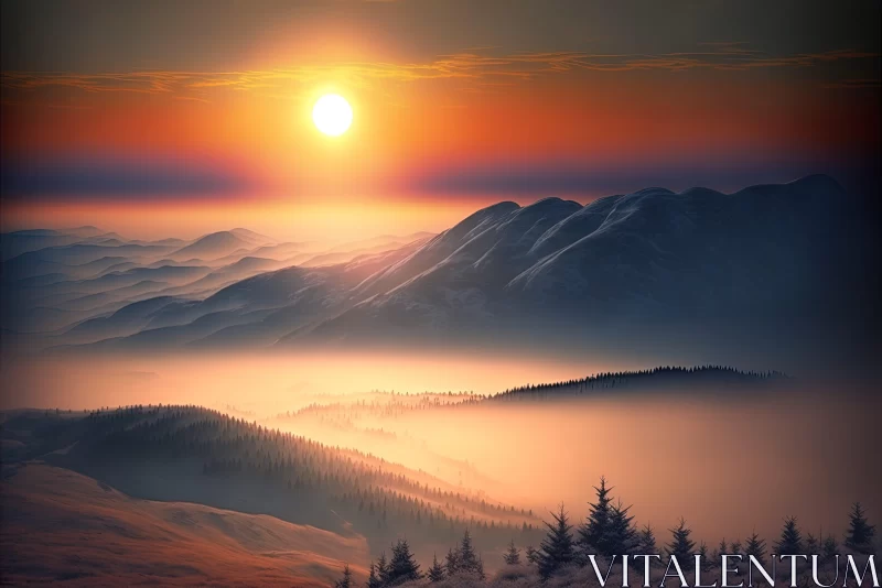 Romantic Sunrise over Foggy Mountain Landscape AI Image