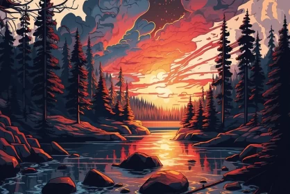 Tranquil Sunset Over Forest Lake: A Nature-Inspired Illustration AI Image