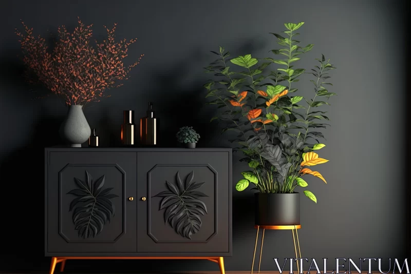 Dark Room with Green Plants and Gold Decor AI Image