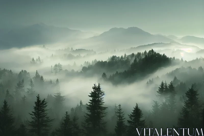 Foggy Mountain Landscape in Emerald and Gray Tones AI Image